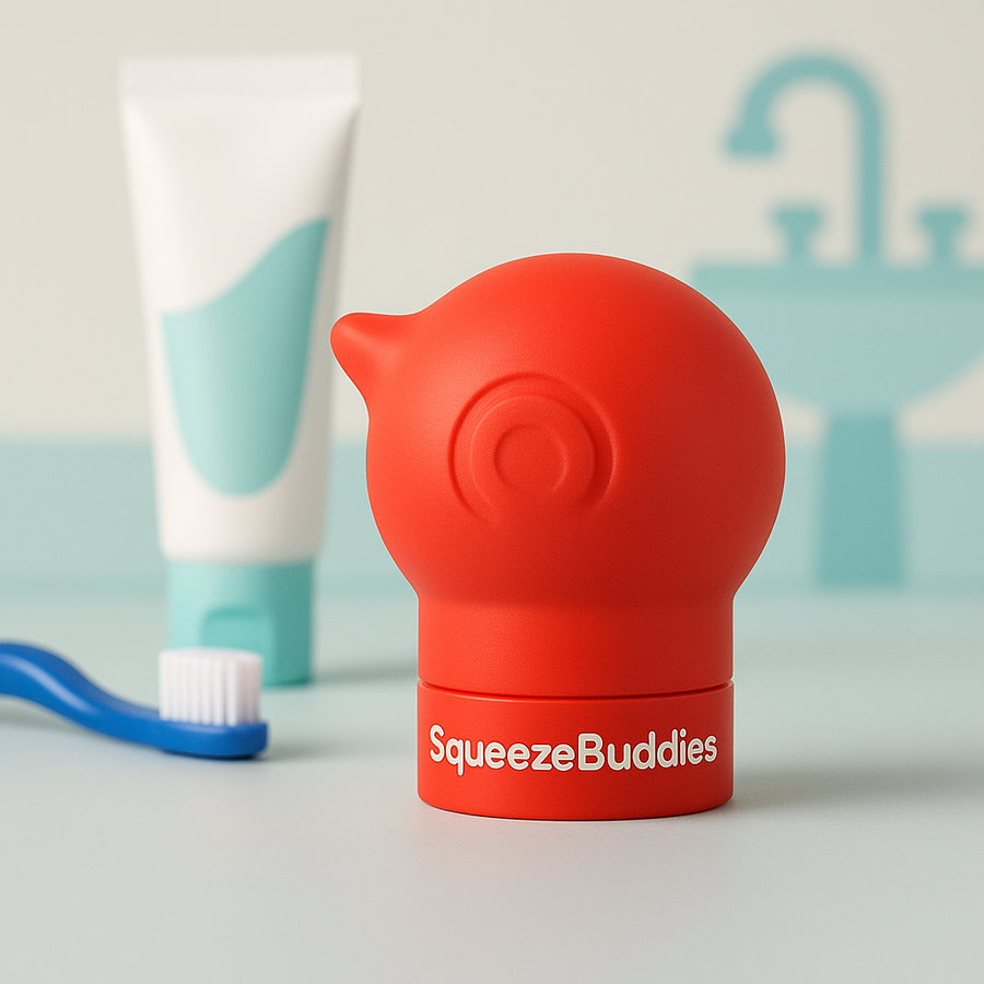 Red SqueezeBuddies FireBuddie toothpaste squeezer on counter