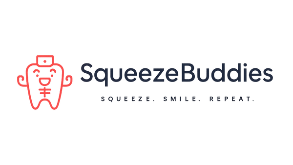 Logo of SqueezeBuddies with a red character and text on a white background