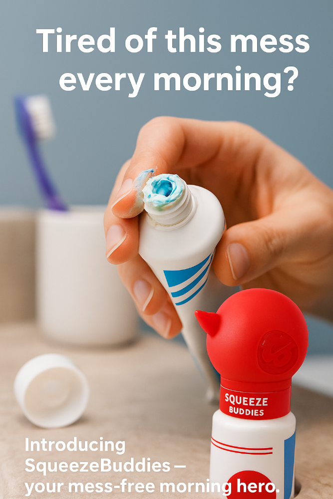 Hand holding a bottle of toothpaste with a Squeeze Buddy, text about mess-free morning routine.