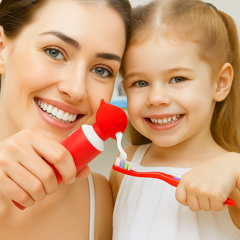 Woman and child holding red toothbrushes with Squeezebuddies Kids tothpaste squeezer