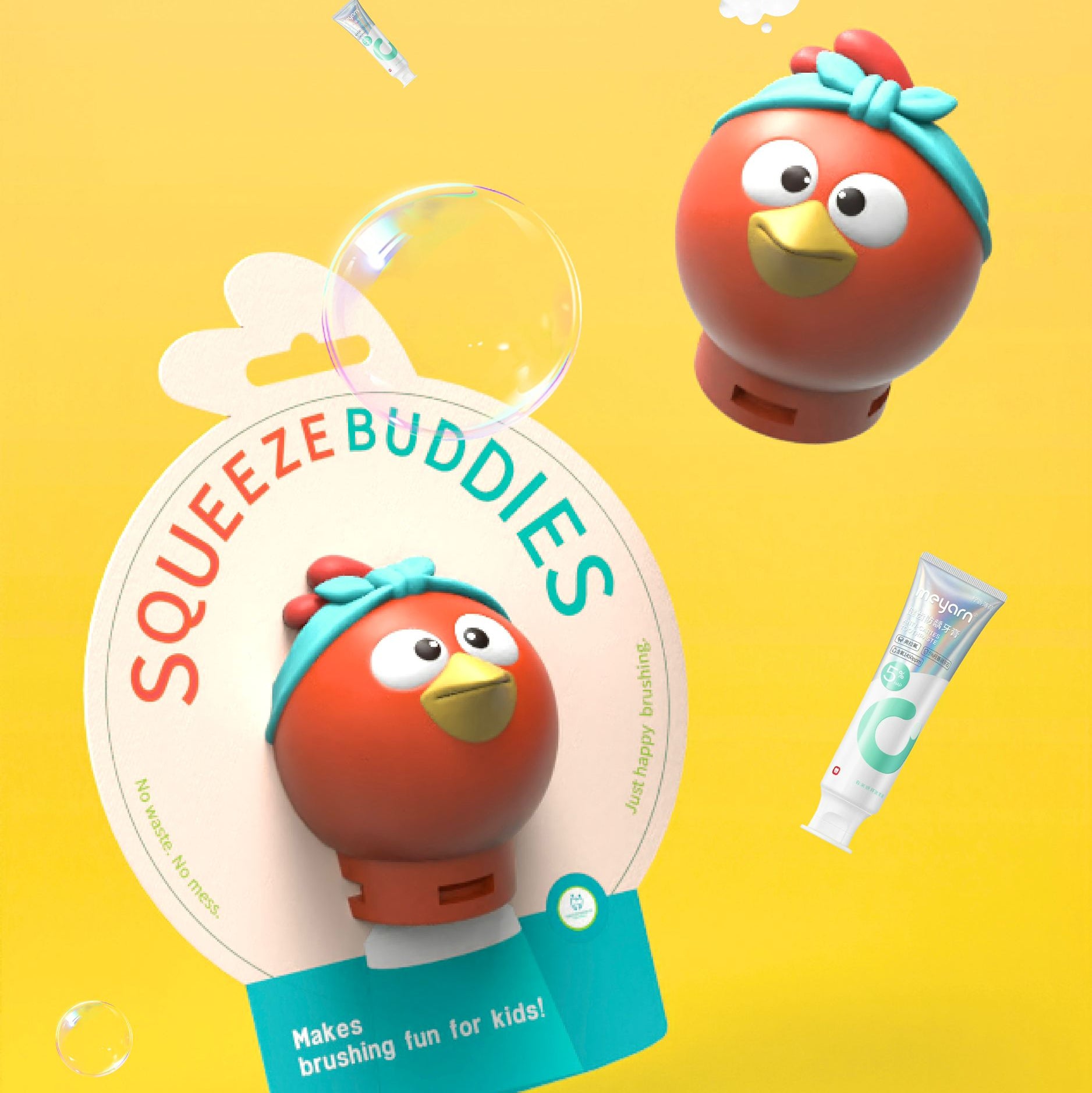 Squeeze Buddies children's toothbrush on a yellow background with packaging and toothpaste.