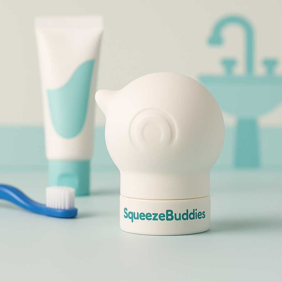 White SqueezeBuddies SnowBuddie toothpaste squeezer in minimal bathroom