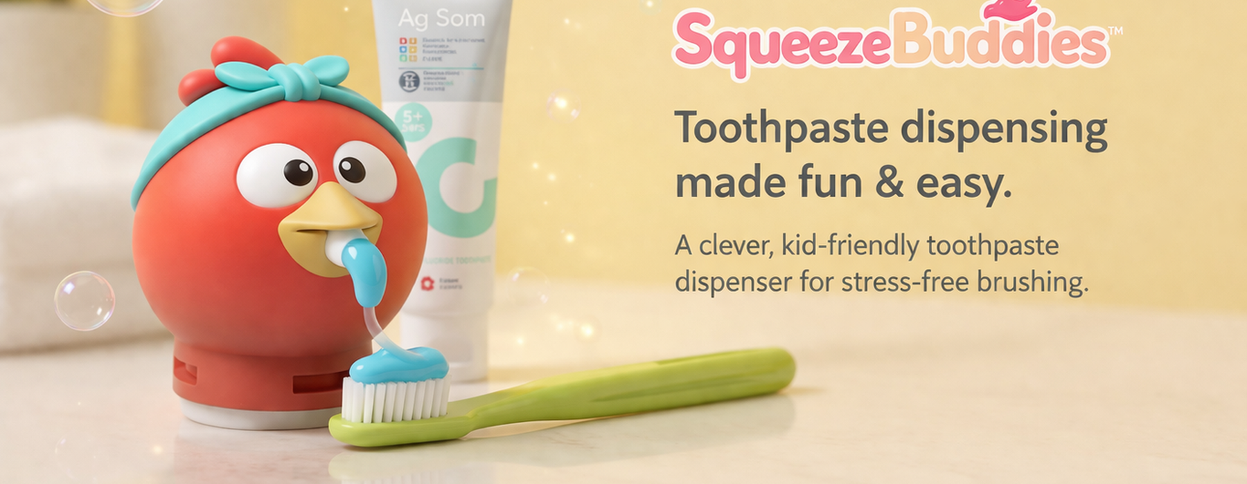 Squeeze Buddies toothpaste dispenser with a toothbrush on a light background