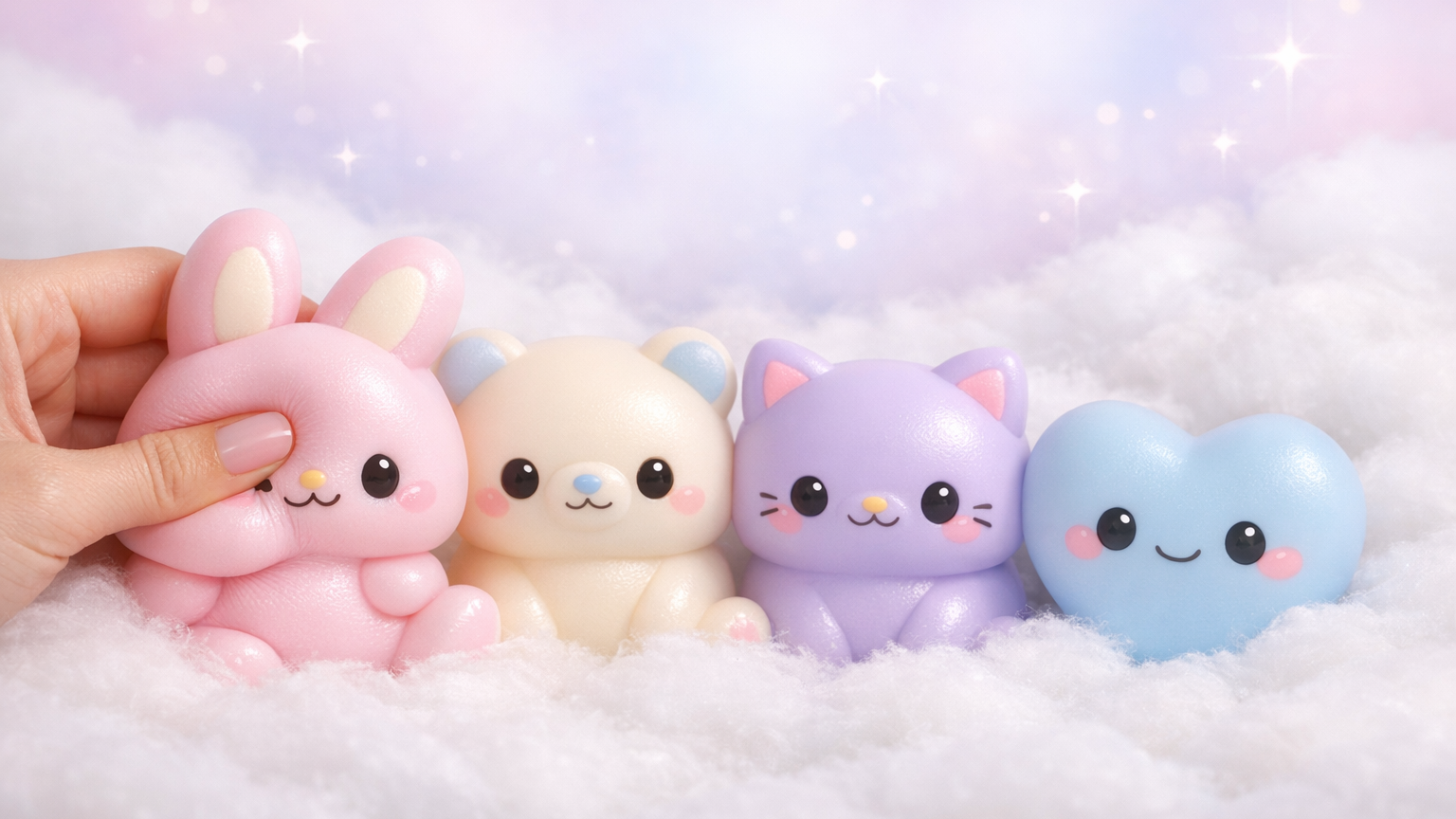 Four cute, pastel-colored squishy toys on a fluffy white surface with a soft, blurred background.