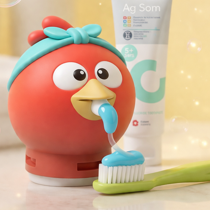 Squeeze Buddies toothpaste dispenser with a toothbrush on a light background