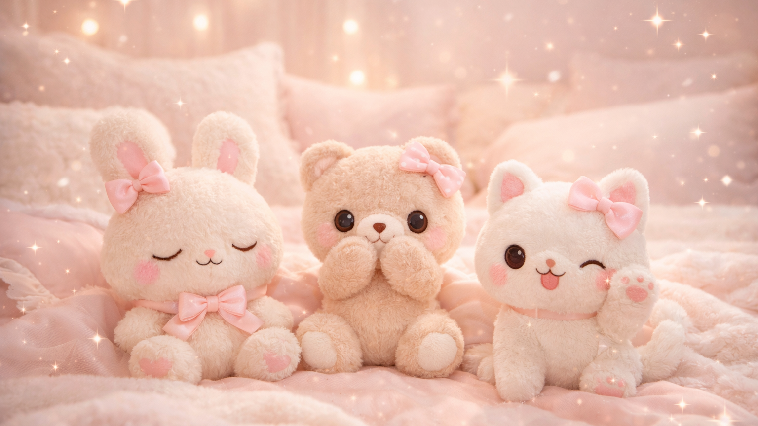 Cute plush toys with pink and white colors on a soft pink background