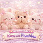 Three cute plush toys with pink bows on a soft pink background, featuring the brand 'SqueezeBuddies Kawaii Plushies'.