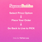 Instructions for ordering SqueezeBuddies on TikTok Live with a pink background.