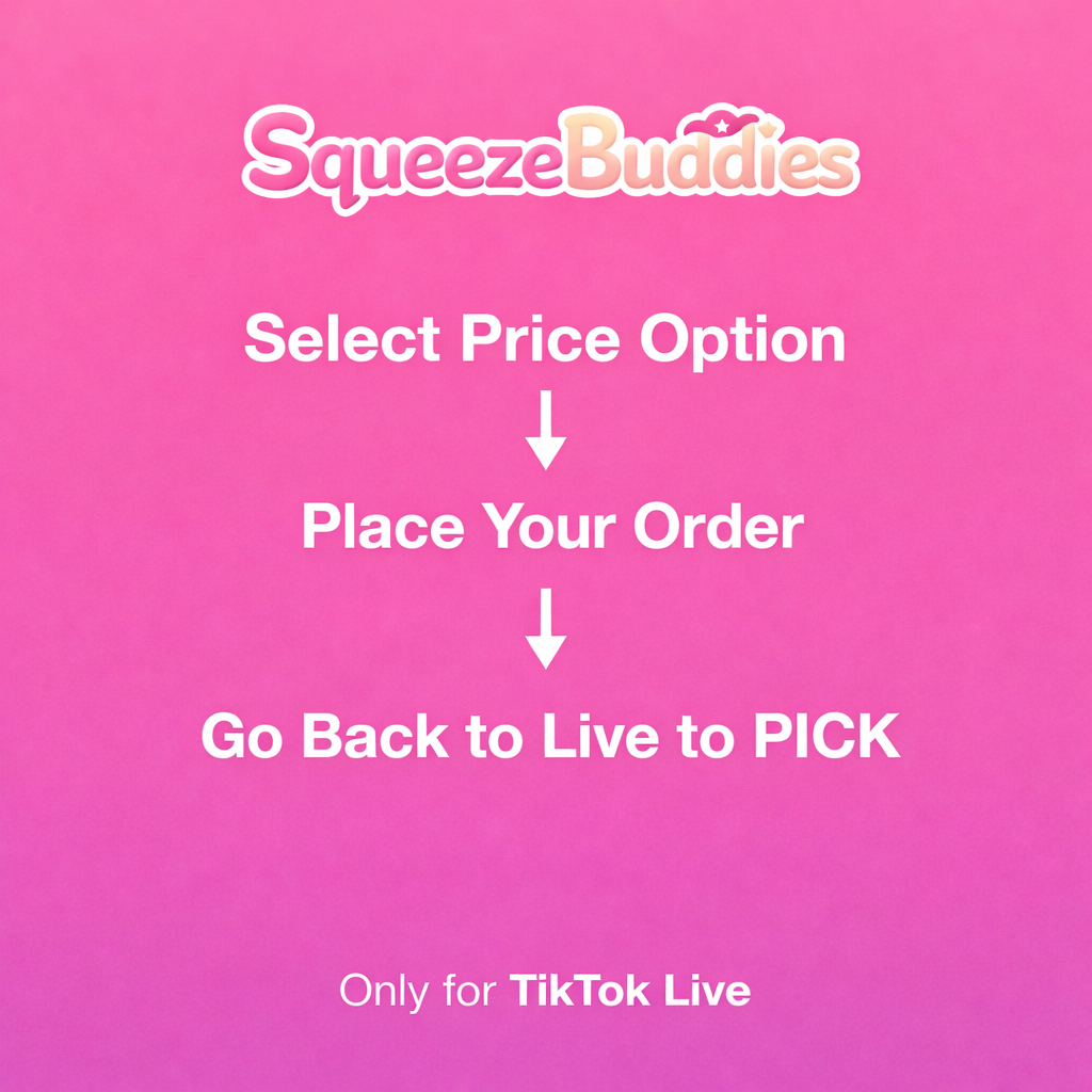 Instructions for ordering SqueezeBuddies on TikTok Live with a pink background.