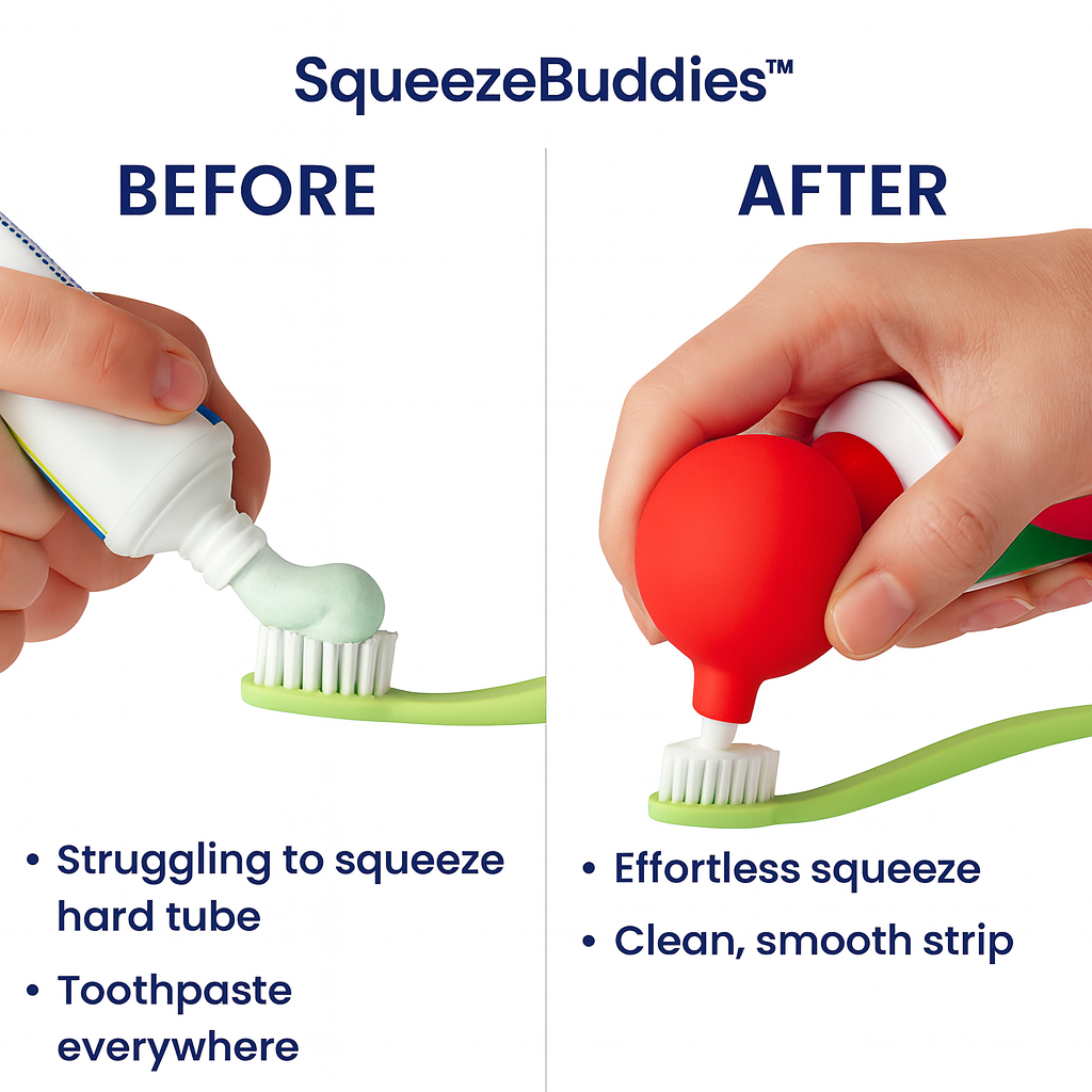 Before and after comparison of using SqueezeBuddies with a toothpaste tube and a red  squeezer.