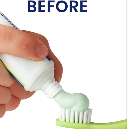 Hand squeezing a hard tube of toothpaste onto a green toothbrush with text indicating difficulty and mess.