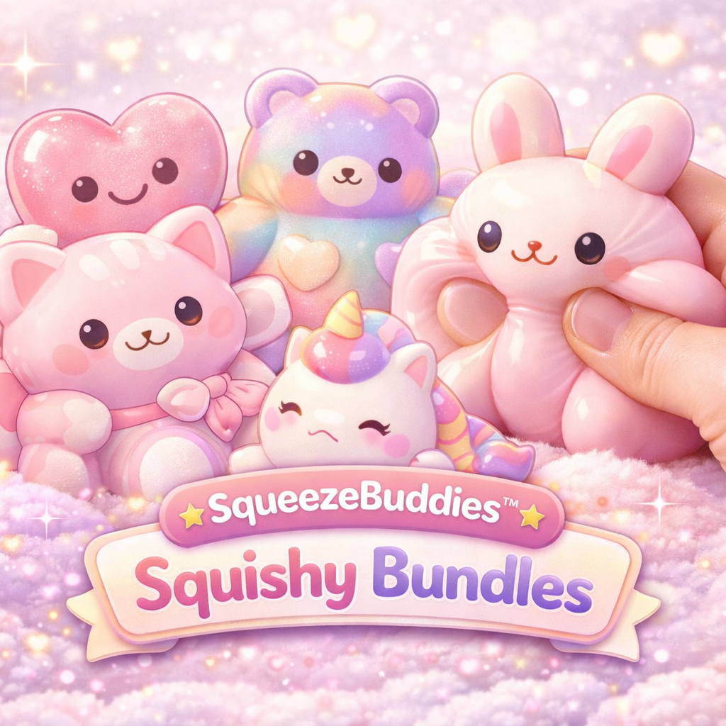 Cute plush toys with 'SqueezeBuddies Squishy Bundles' branding on a soft, pink background.