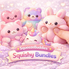 Cute plush toys with 'SqueezeBuddies Squishy Bundles' branding on a soft, pink background.