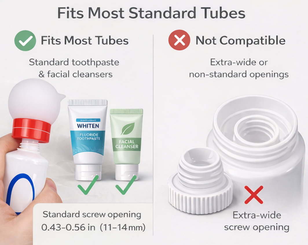 Product compatibility chart for a tube applicator showing standard and non-standard tube compatibility.